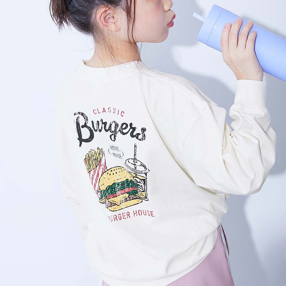 100%棉 寬鬆版型縮口長袖上衣-漢堡套餐-白