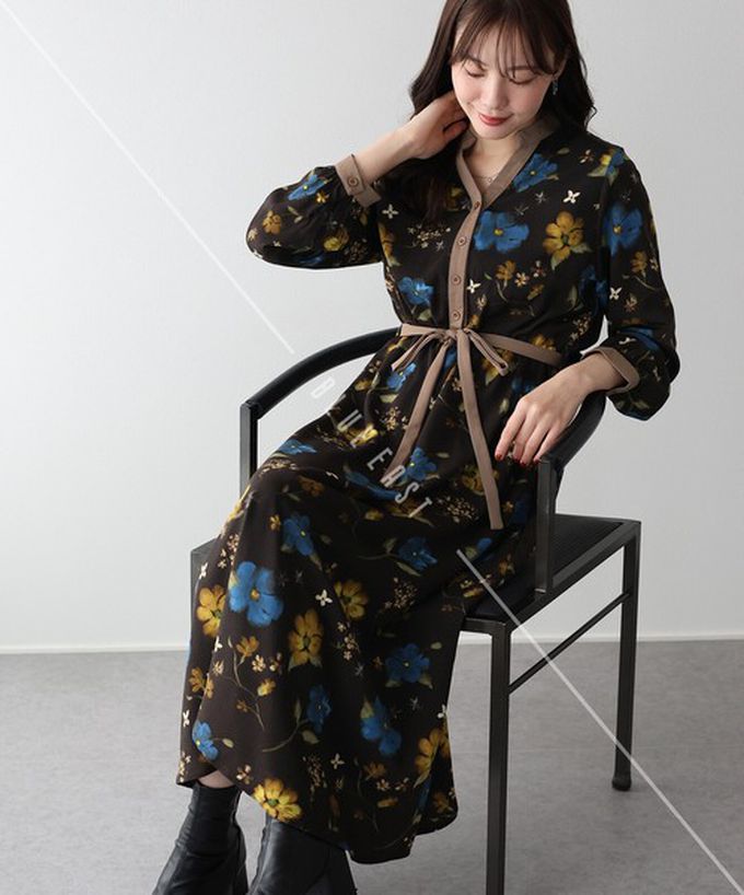 日本 BLUE EAST - 迷人亮眼花朵腰綁帶長袖洋裝-咖啡 (M)