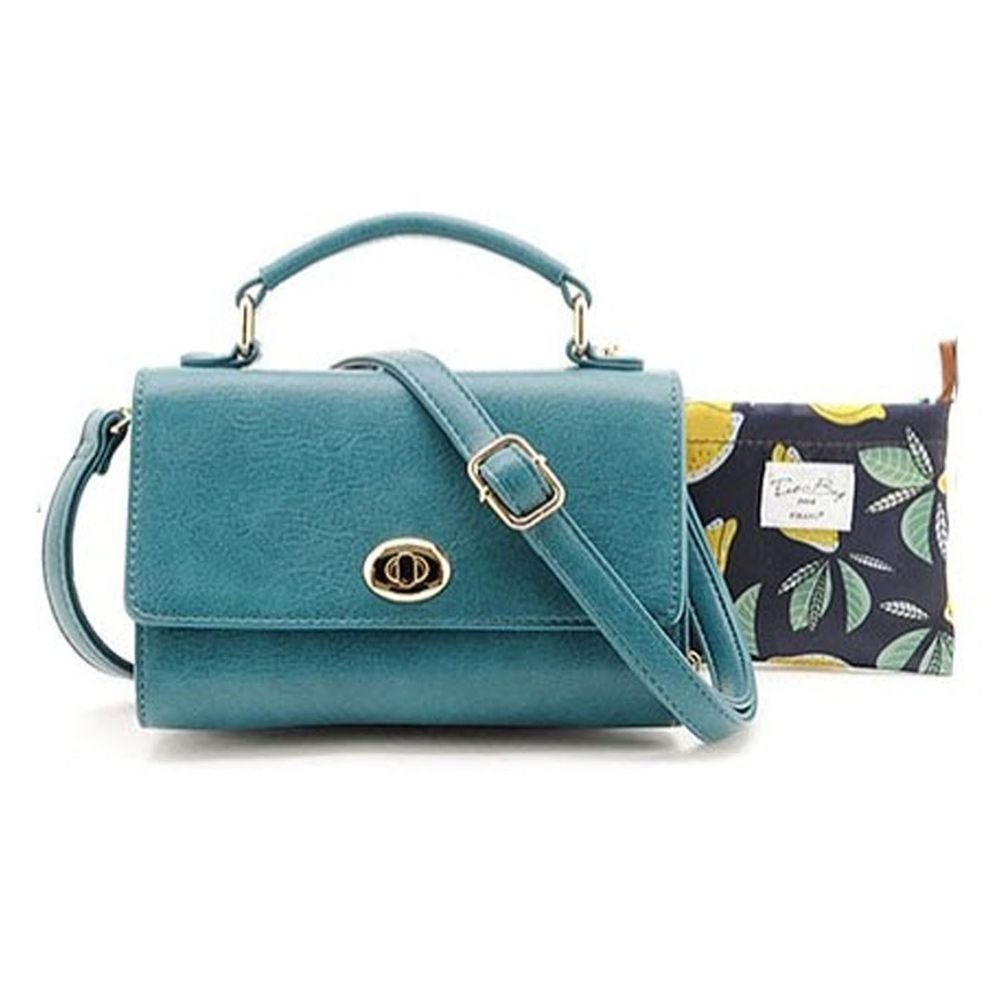 日本 FIRANO - 手提側背兩用小方包＋磁扣錢包＋檸檬折疊購物袋 三件組-BLUE