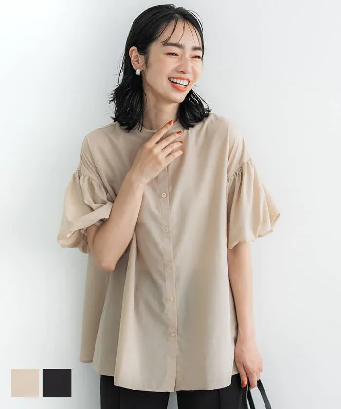 日本 COCA - 輕薄圓領泡泡短袖襯衫-淺米