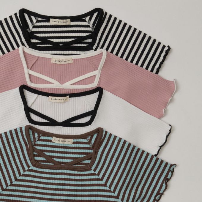 日本 Lycee mine - 小甜心線條領口短袖上衣-條紋-黑白