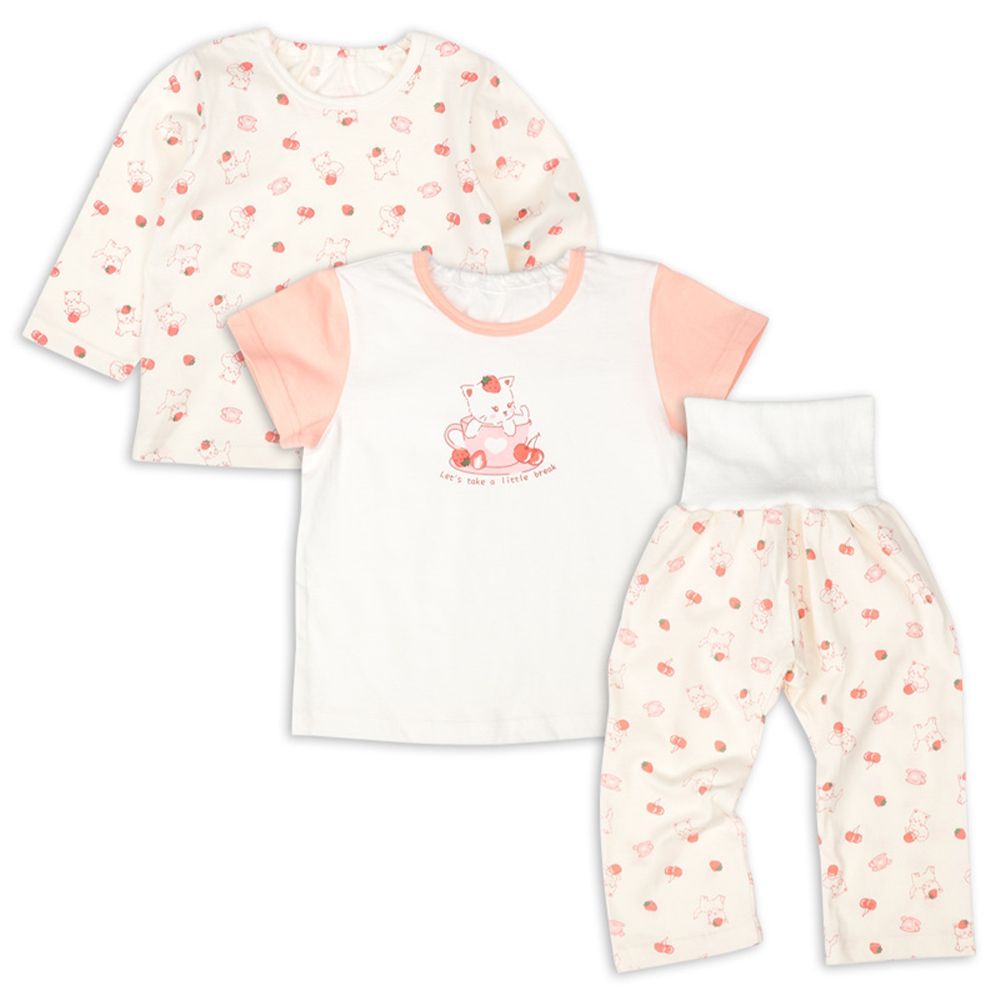 雙上衣家居服(短袖/長袖)-附肚圍 小貓-象牙白色