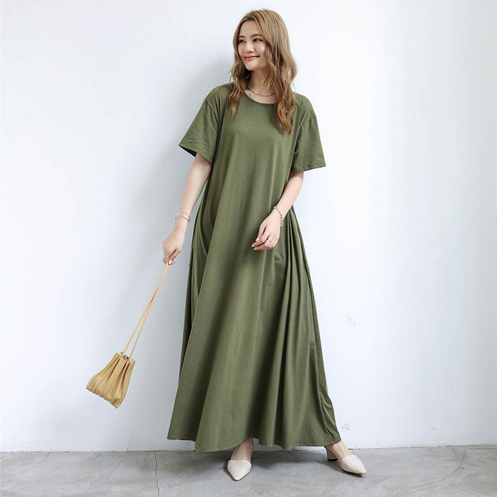 3D立體剪裁顯瘦短袖長洋裝-軍綠色