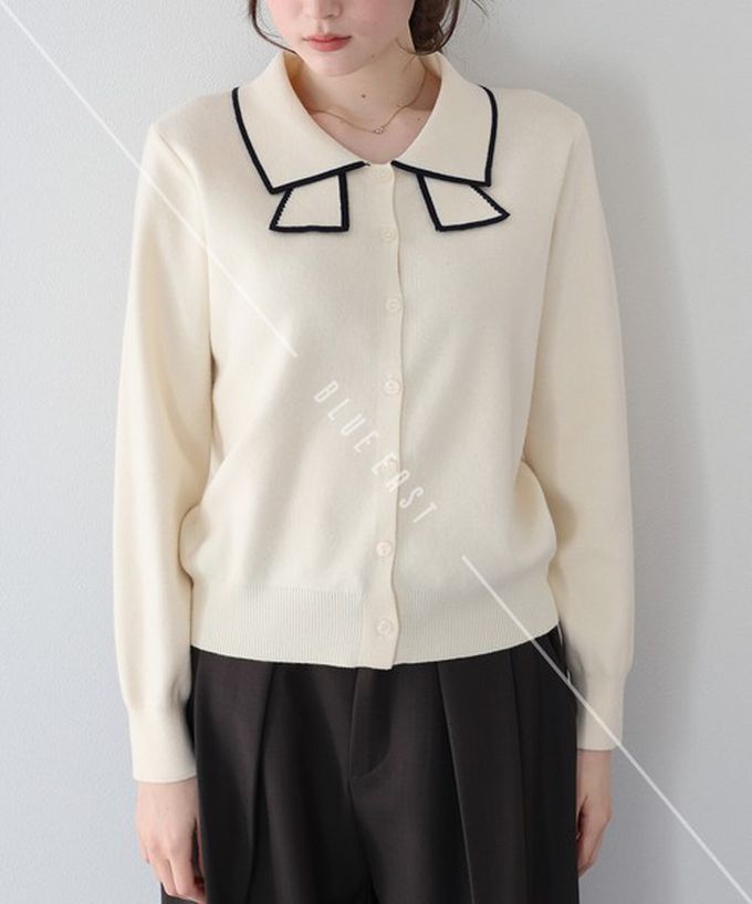 日本 BLUE EAST - 甜美蝴蝶結勾邊領針織上衣開襟衫-象牙白 (M)