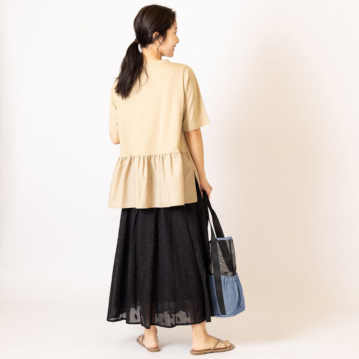 日本代購 - 美式休閒風 網眼拼接肩背購物袋-黑 (37x25x12cm)