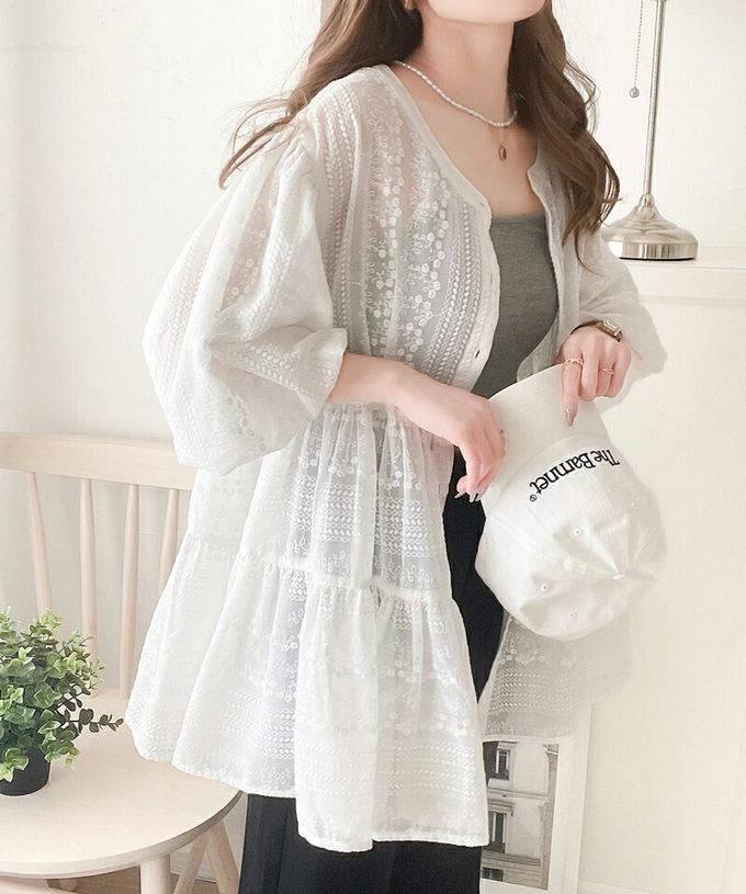 日本 Classical Elf - 3WAY刺繡雕花廓形短袖襯衫-白