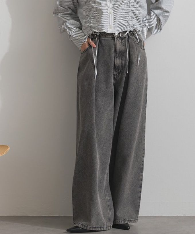 日本 ELENCARE DUE - 10oz 立體摺線後腰鬆緊牛仔褲-刷色黑