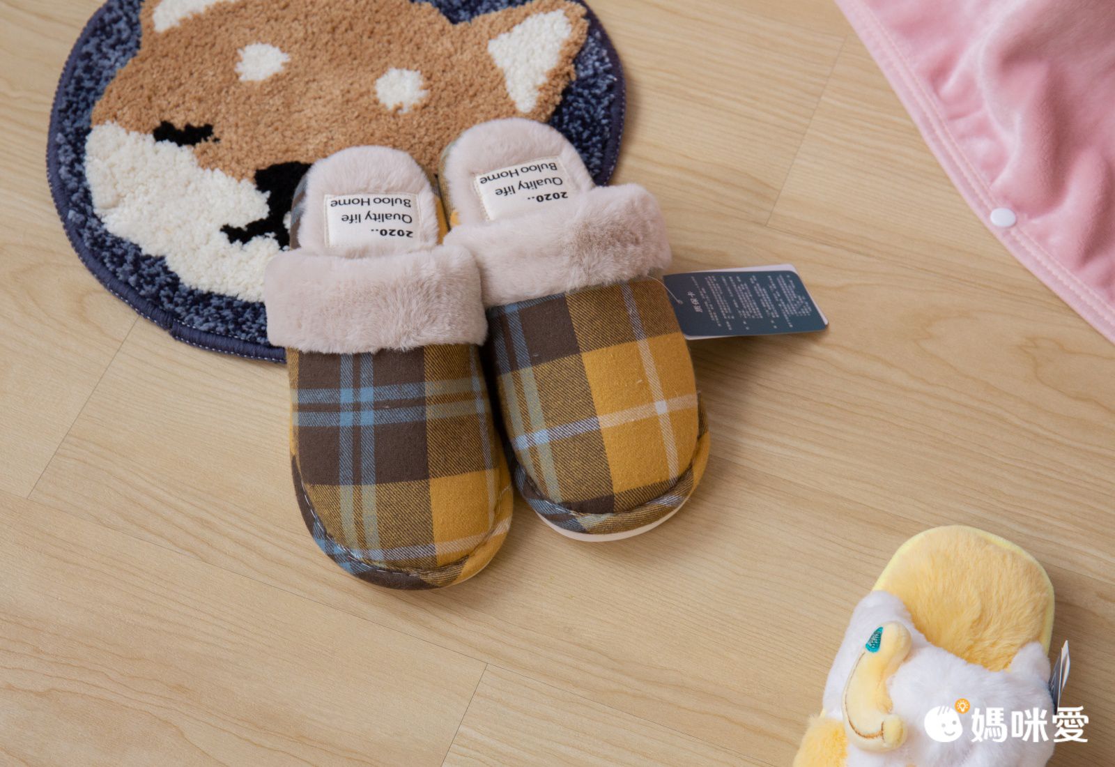 日系格紋防滑保暖棉拖鞋-深藍