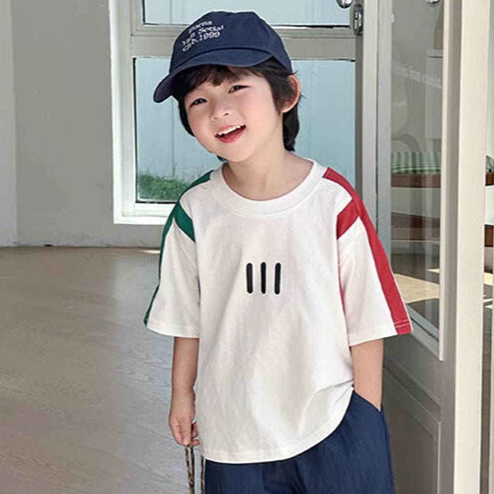 涼感吸濕透氣圓領短袖上衣-拼線直條-米x紅x綠