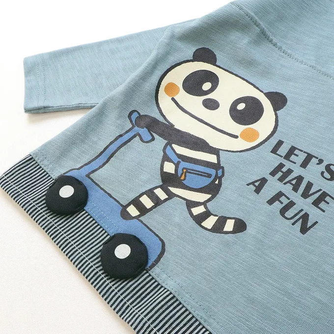 日本 ZOOLAND - 春季拼接風長袖上衣-滑板車小熊-水藍