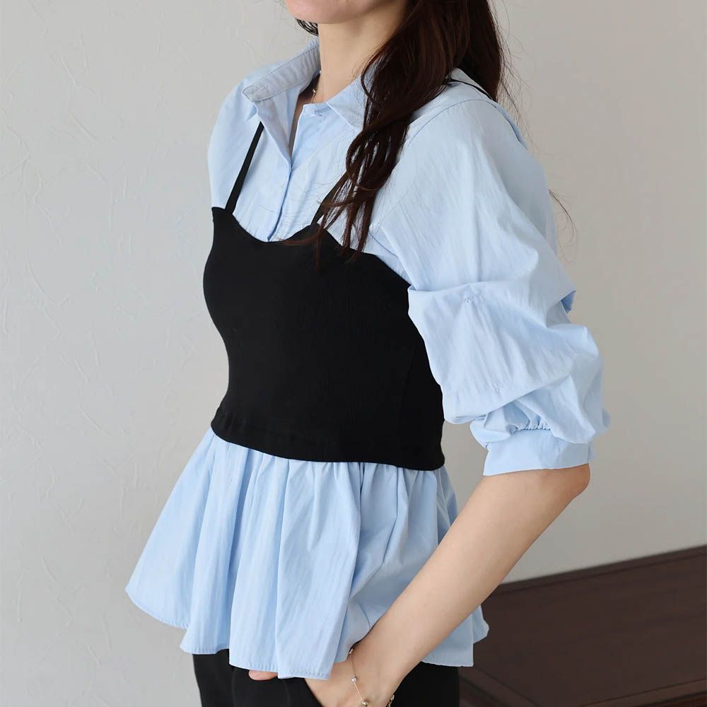 假二件俐落時尚疊穿五分袖上衣-黑x水藍