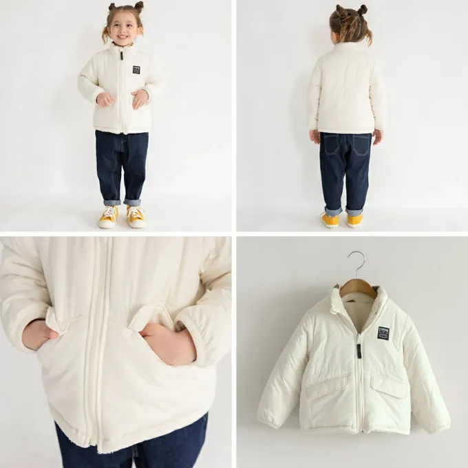 日本 BRANSHES - 2way雙面異材質保暖鋪棉外套(可機洗)-格子-寶藍