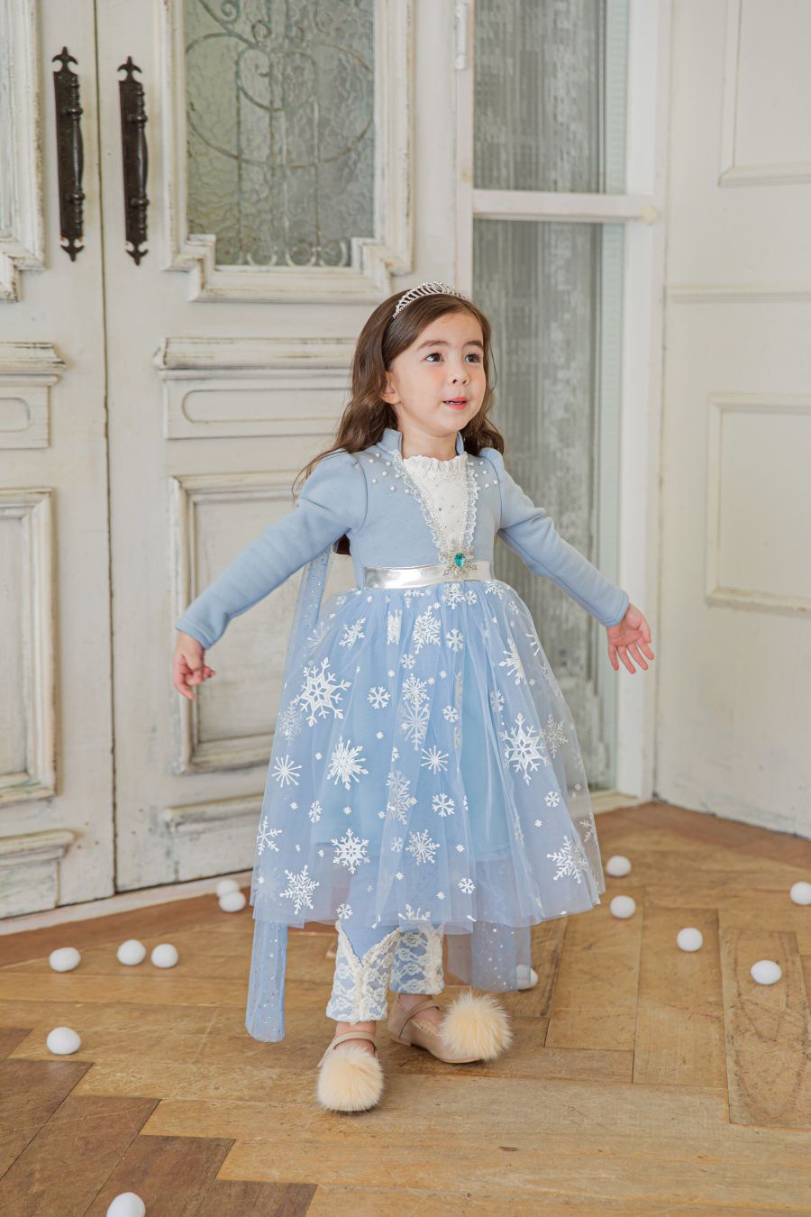 韓國 mari an u - (裏起毛)冰晶雪花女王洋裝(披風可拆)-閃耀藍