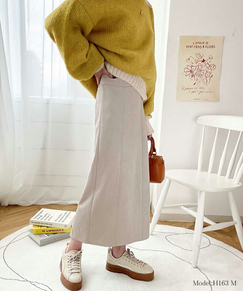 日本 Classical Elf - 麂皮質感後鬆緊修身長裙-咖啡