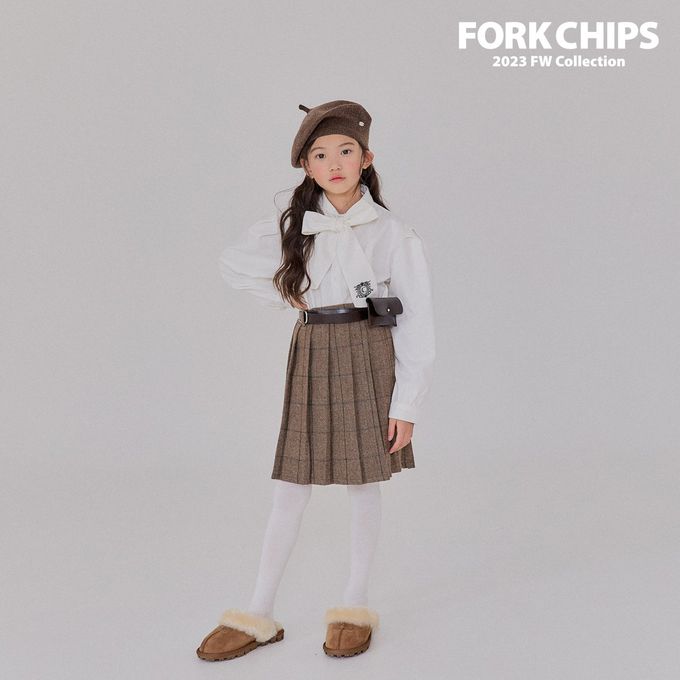 韓國 FORK CHIPS - 鬆緊腰混羊毛經典百褶及膝裙-咖啡棕