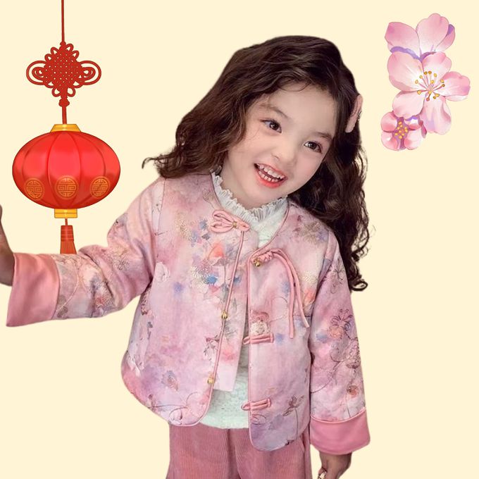 新年過年柔美花朵印花盤釦外套坑條長褲套裝