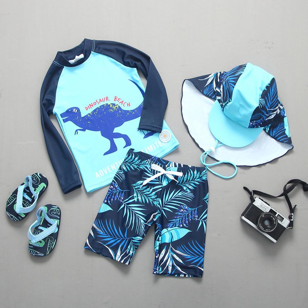 男寶長袖泳裝套裝(附帽子)-恐龍+葉子褲-深藍+淺藍
