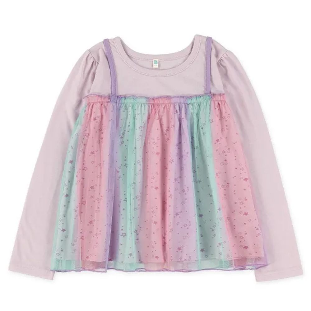 薄紗星星點綴假二件長袖上衣-粉彩