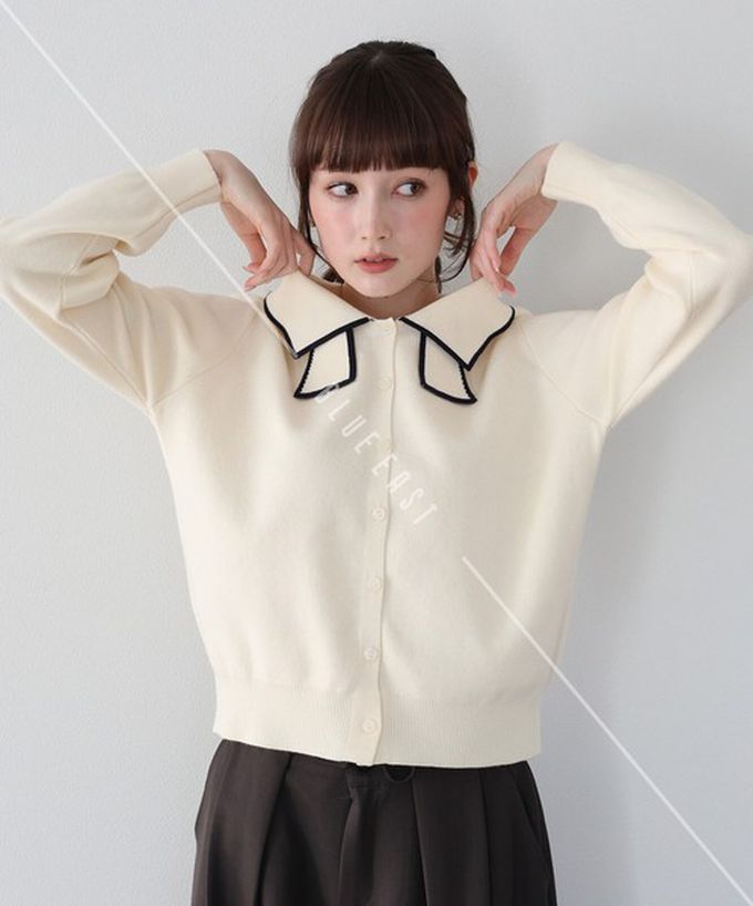 日本 BLUE EAST - 甜美蝴蝶結勾邊領針織上衣開襟衫-海軍藍 (M)