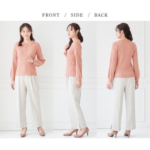 日本 BELLUNA - 翻領顯瘦羅紋針織上衣-奶油杏