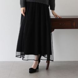 日本 BLUE EAST - 華麗雙層薄紗魅力長裙(可選長度)-水玉-黑