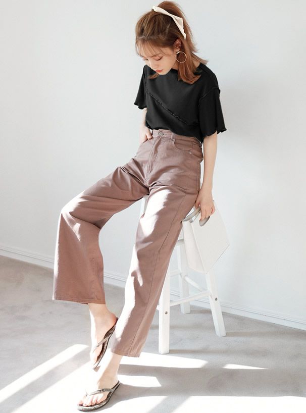 日本 GRL - 羅紋木耳邊短袖上衣-氣質杏