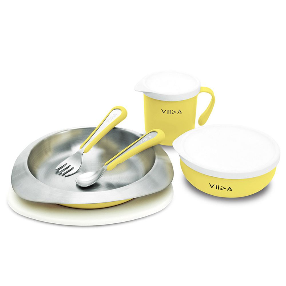 VIIDA - Soufflé抗菌不鏽鋼兒童餐具組-碗、盤、杯、叉子、湯匙-萊姆黃