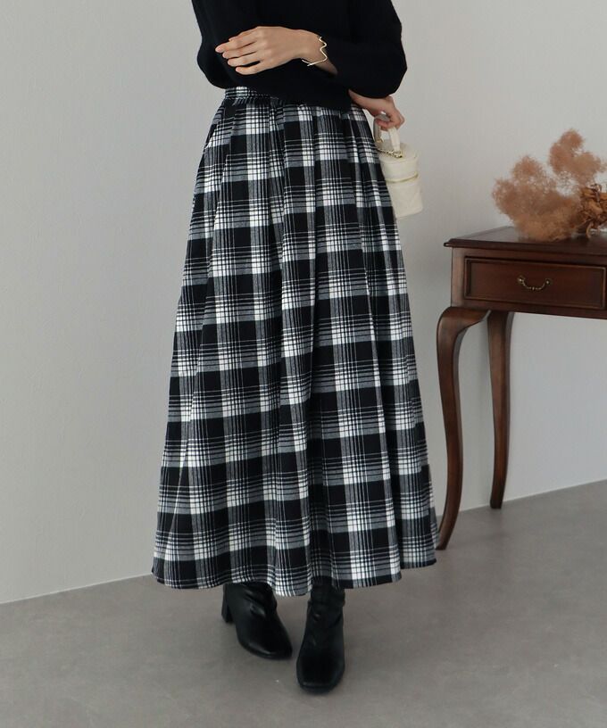 日本 BLUE EAST - 文藝細緻格紋顯瘦長裙-綠黃黑