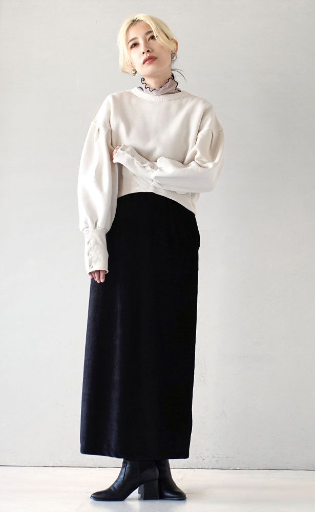 日本 zootie - 燈芯絨絲滑光澤感鉛筆窄裙-酒紅