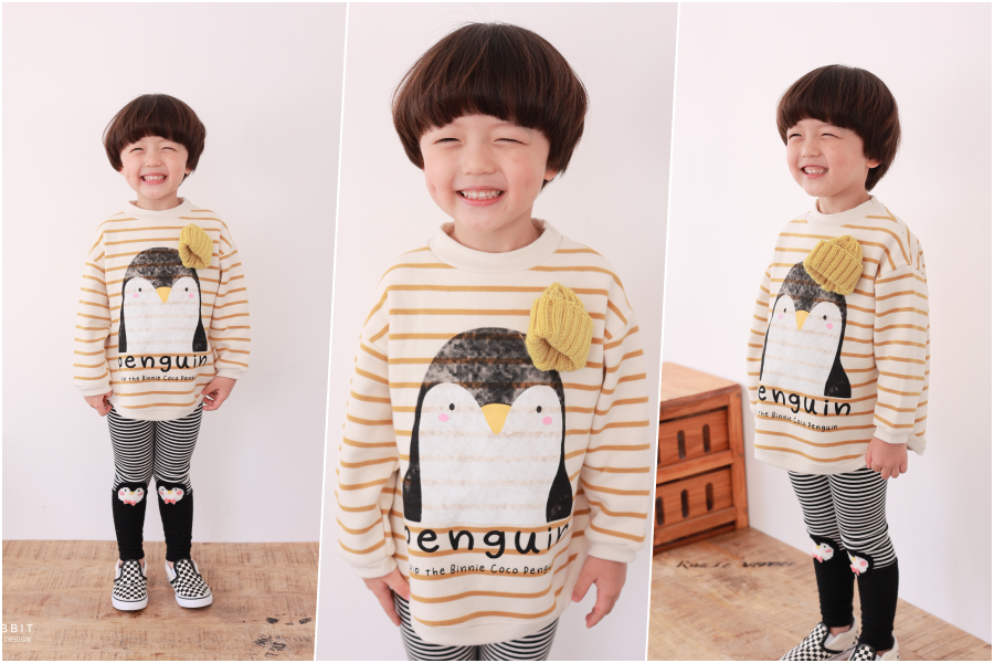 韓國 Coco rabbit - 針織帽企鵝印條紋長袖上衣-芥黃