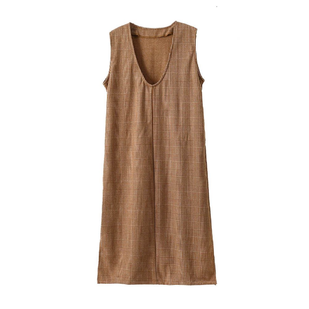 毛呢感V領背心裙-U領-咖啡格