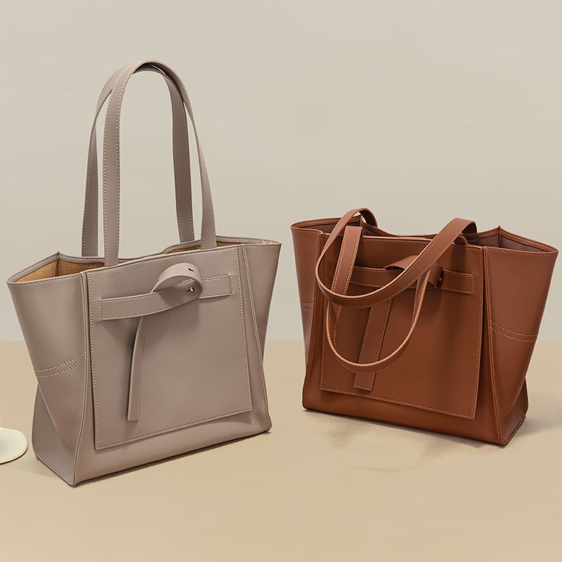 真皮簡約大容量單肩子母包/托特包-含小收納包-奶茶色 (30x12x28cm)