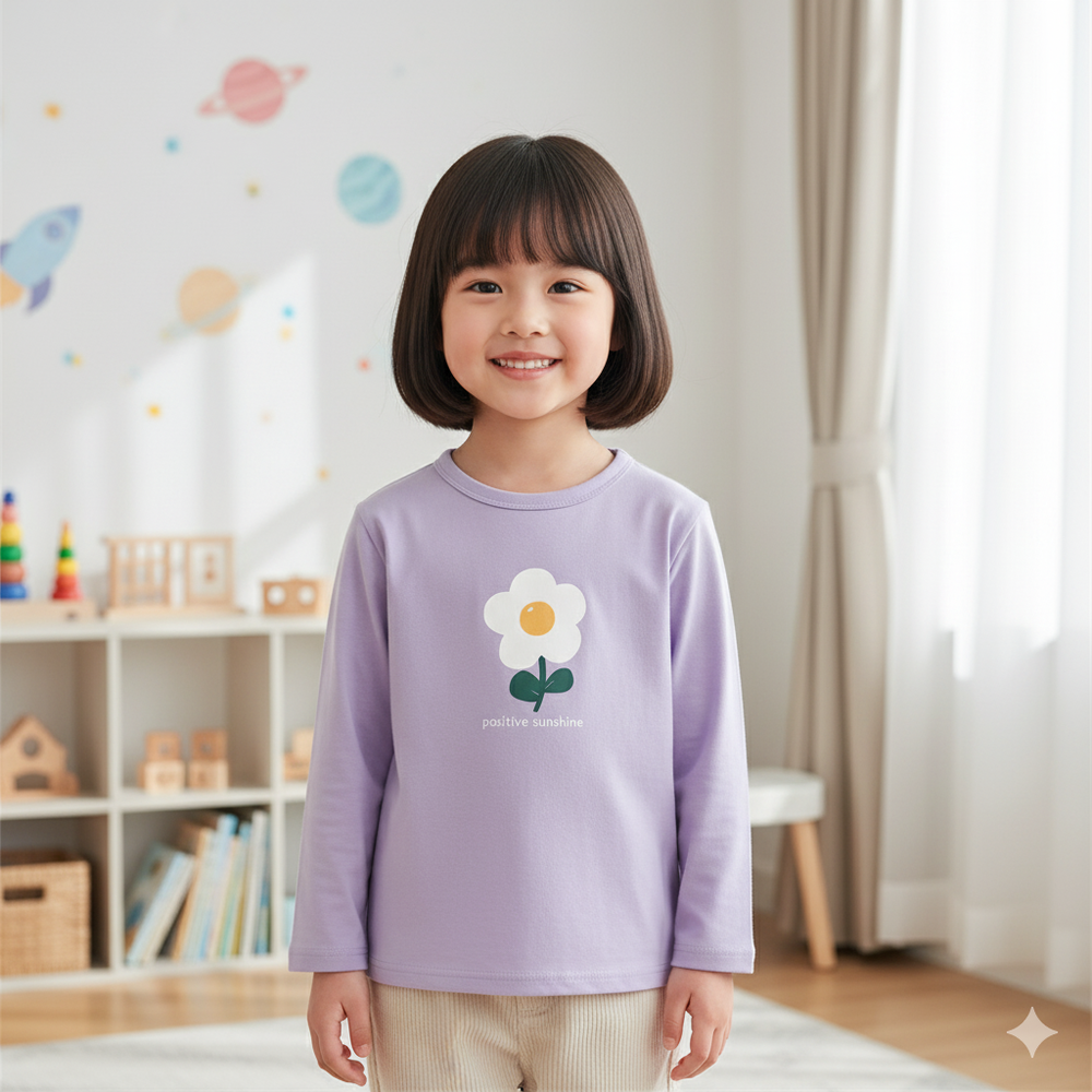 純棉長袖上衣-一朵小花-紫色