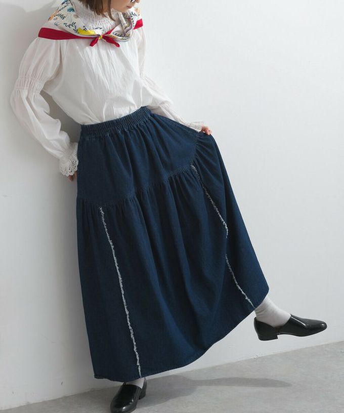 日本 Lupilien - 厚磅立體感線條澎澎長裙(附口袋)-海軍藍丹寧