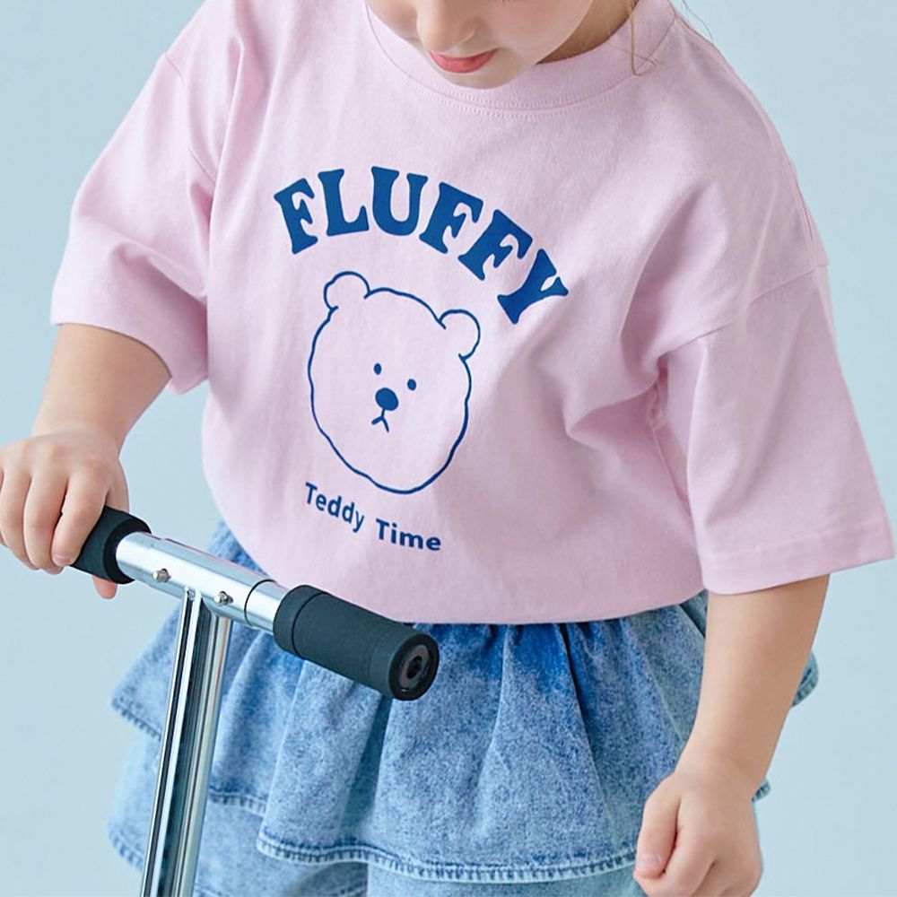 100%棉 可愛女孩寬版短袖上衣-鬆軟熊熊-櫻花粉