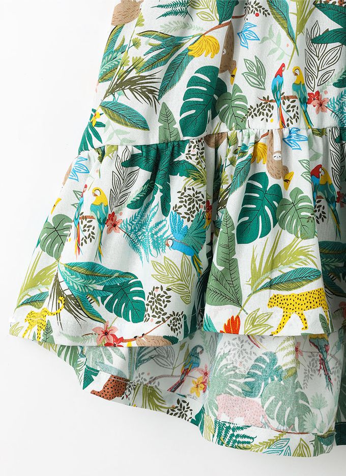 韓國 OZKIZ - (附包包帽子)熱帶棕櫚印飄逸荷葉袖洋裝-白X綠