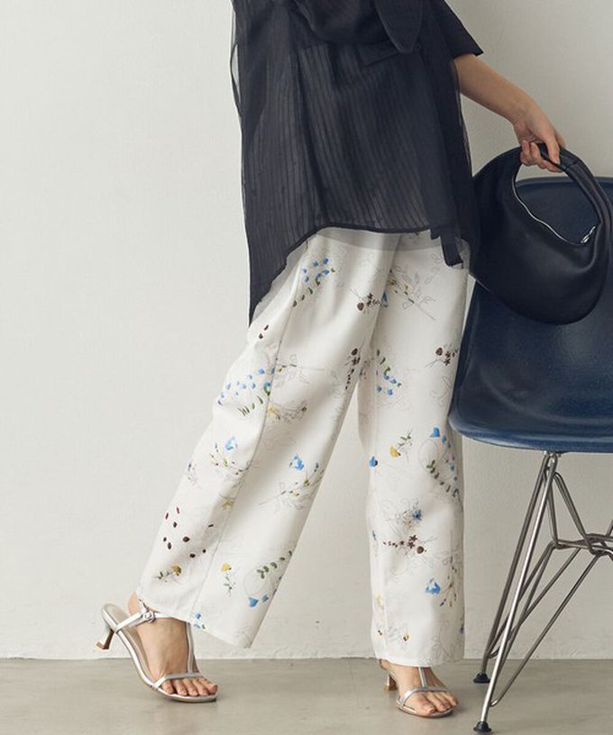 日本 Sans Souci 34+ - 優美花卉鬆緊舒適寬褲-海軍藍