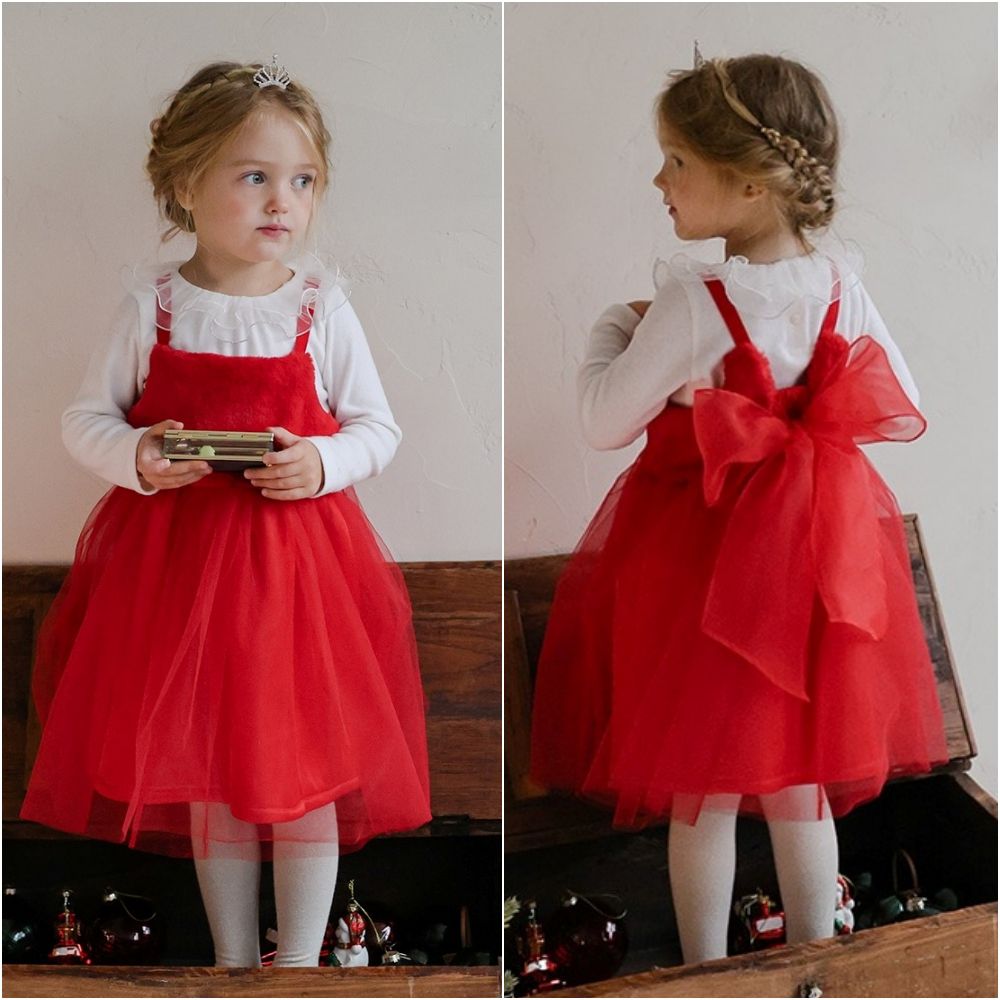 Puellaflo 大蝴蝶結細肩絨毛網紗蓬蓬禮服洋裝-紅