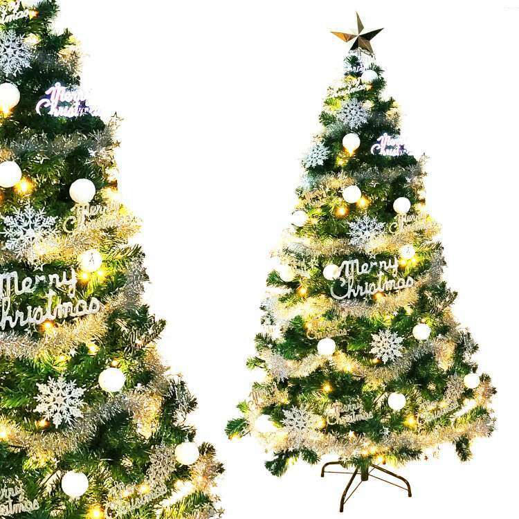 MODACore 摩達客 - 摩達客耶誕-台灣製6尺(180cm)高級豪華版綠聖誕樹+冰雪銀白系飾品組+100燈LED燈暖白光2串(附IC控制器)本島免運費