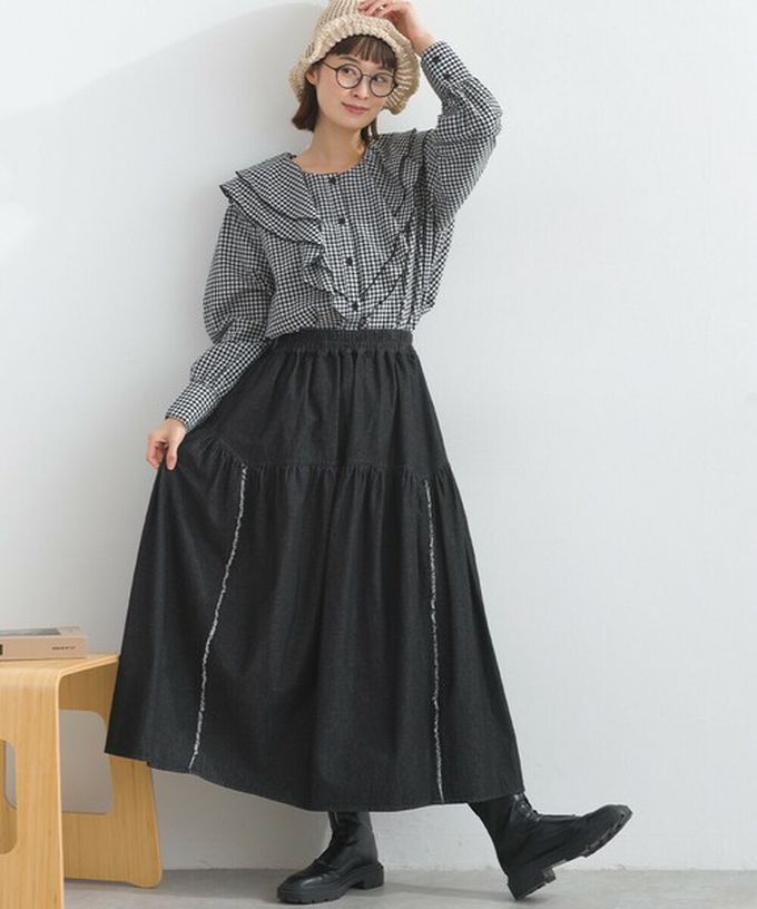 日本 Lupilien - 厚磅立體感線條澎澎長裙(附口袋)-黑色丹寧