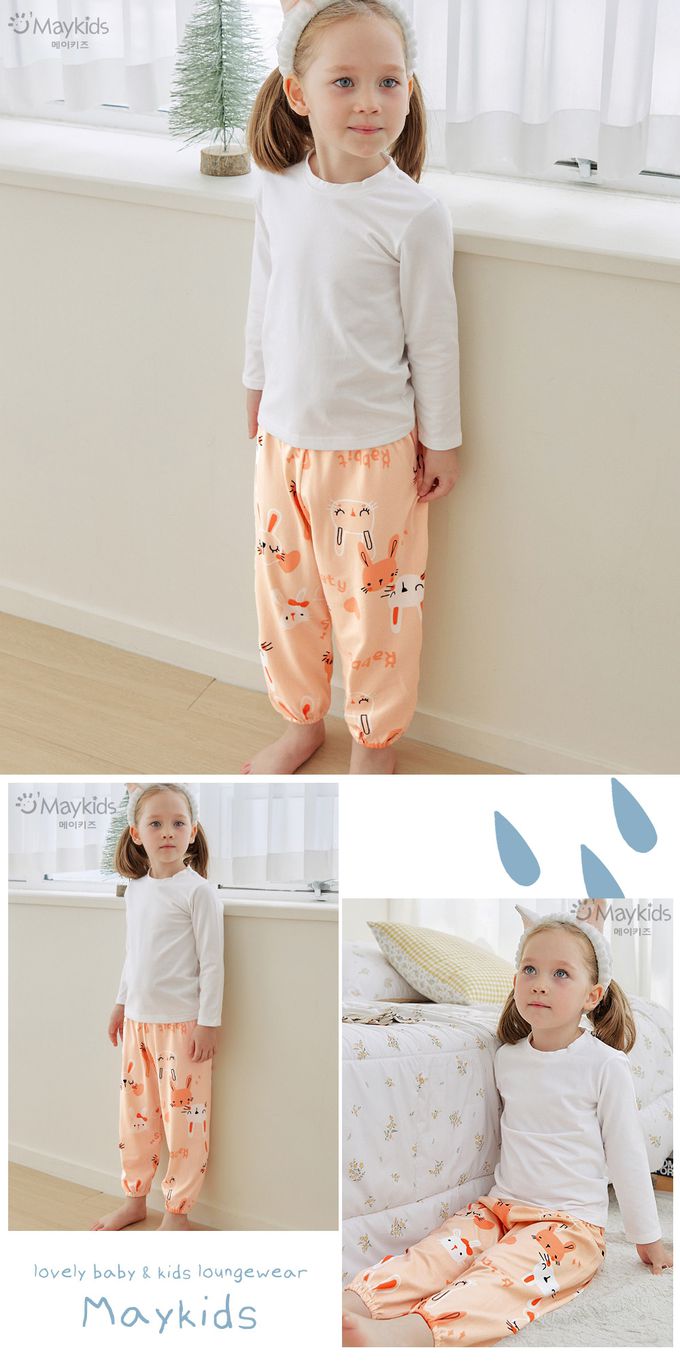 韓國 Maykids - 桃皮絨縮口長褲-兔兔世界-粉橘