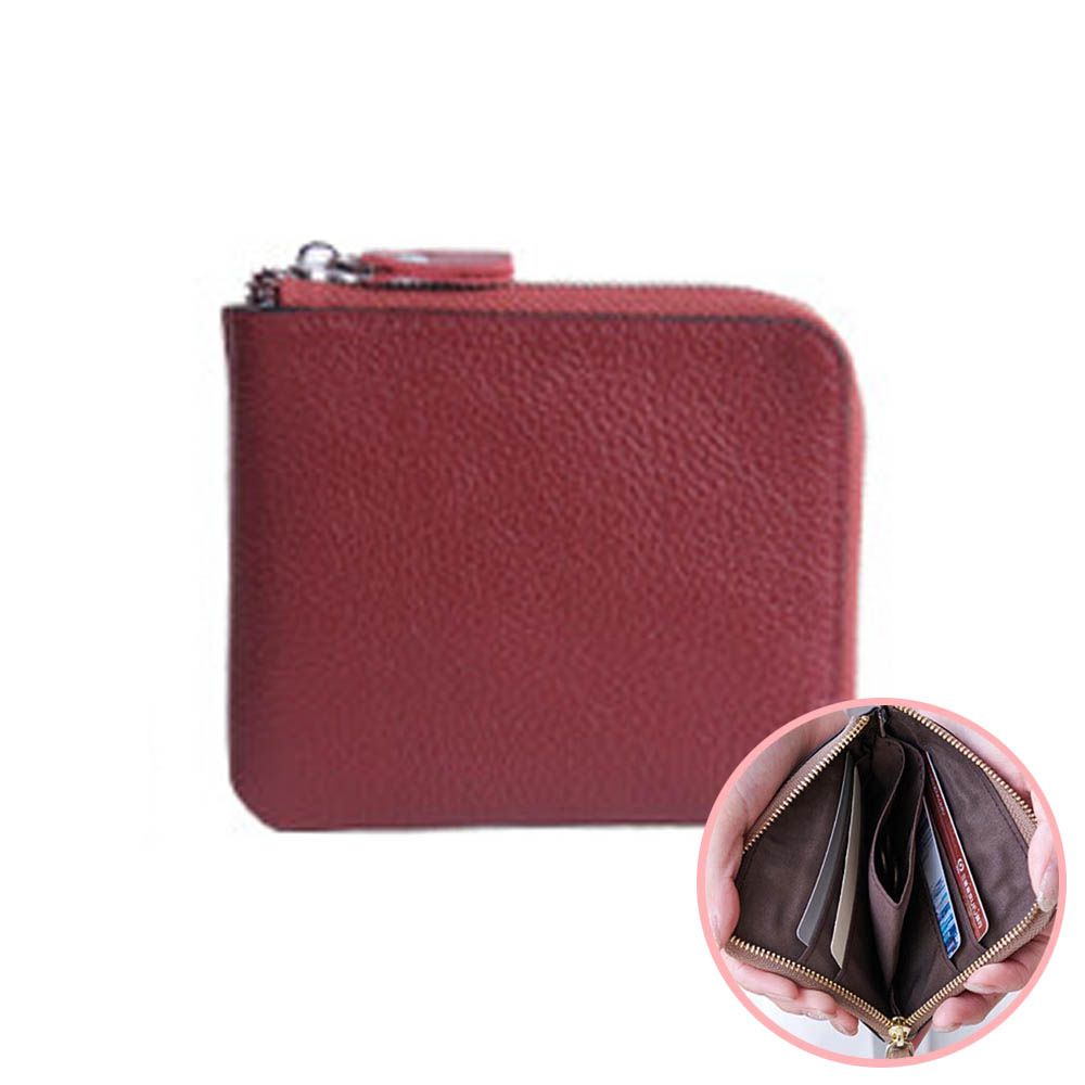 真皮迷你超輕巧拉鍊短夾-酒紅 (11x9.5x1.5cm)