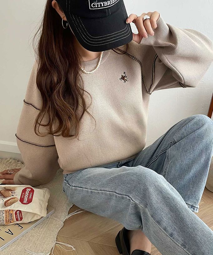 日本 Classical Elf - 線條感logo厚磅針織長袖上衣-灰