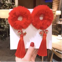 love, charlotte - 仿貂毛紅色流蘇髮圈-一對-紅色