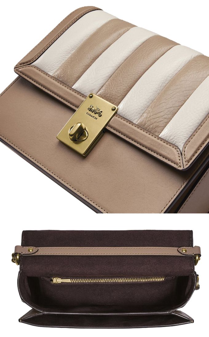 COACH - 拼接皮革翻蓋斜背包 (卡其白條紋)