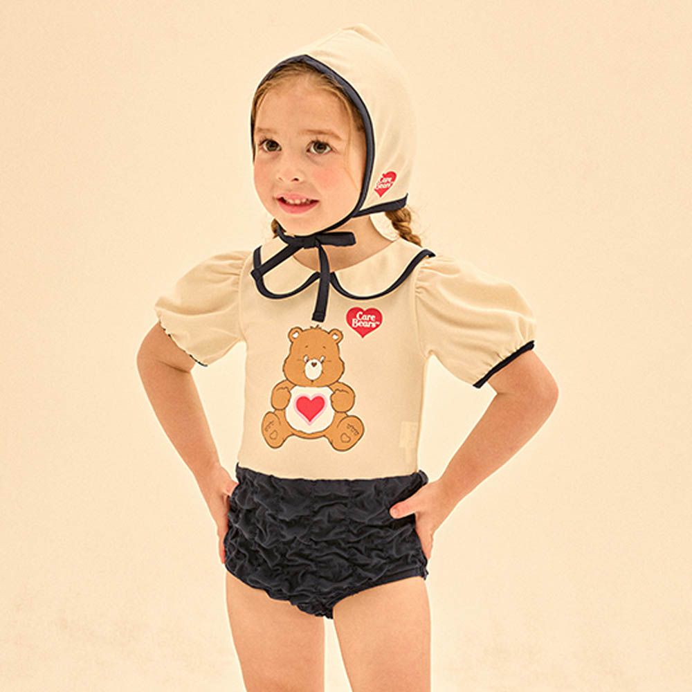 UPF 50+連身短袖造型泳裝(附泳帽)-卡通人物彩虹熊-米X黑藍