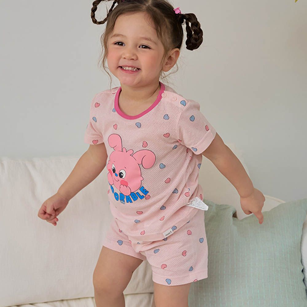 透氣網眼洞洞短袖家居服/睡衣-可愛粉兔-粉