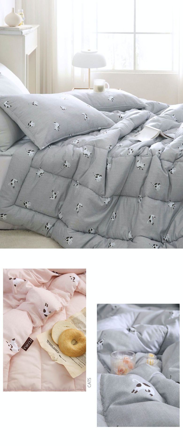 韓國 FLORA - 超細纖維桃皮感蓬鬆四季被-玩耍貓咪-灰