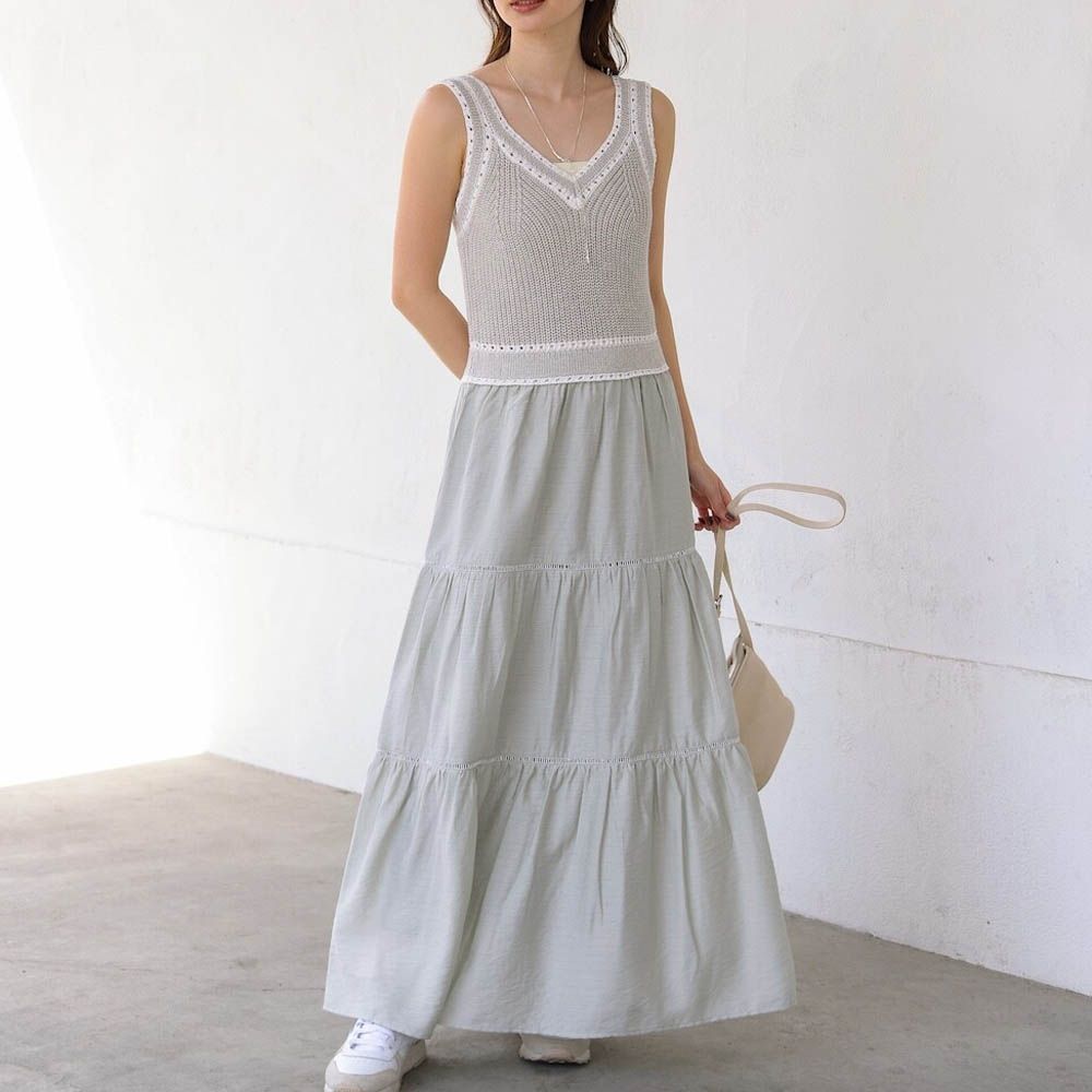 純棉針織拼接渡假風無袖洋裝-淺灰綠