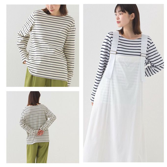 日本 OMNES - [必收款]100%棉 條紋船領長袖上衣-棕x海軍藍